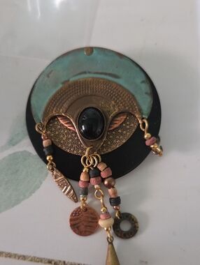 Boho vintage Black and Turquoise Brooch Necklace with Mixed Metal Charms (80's)